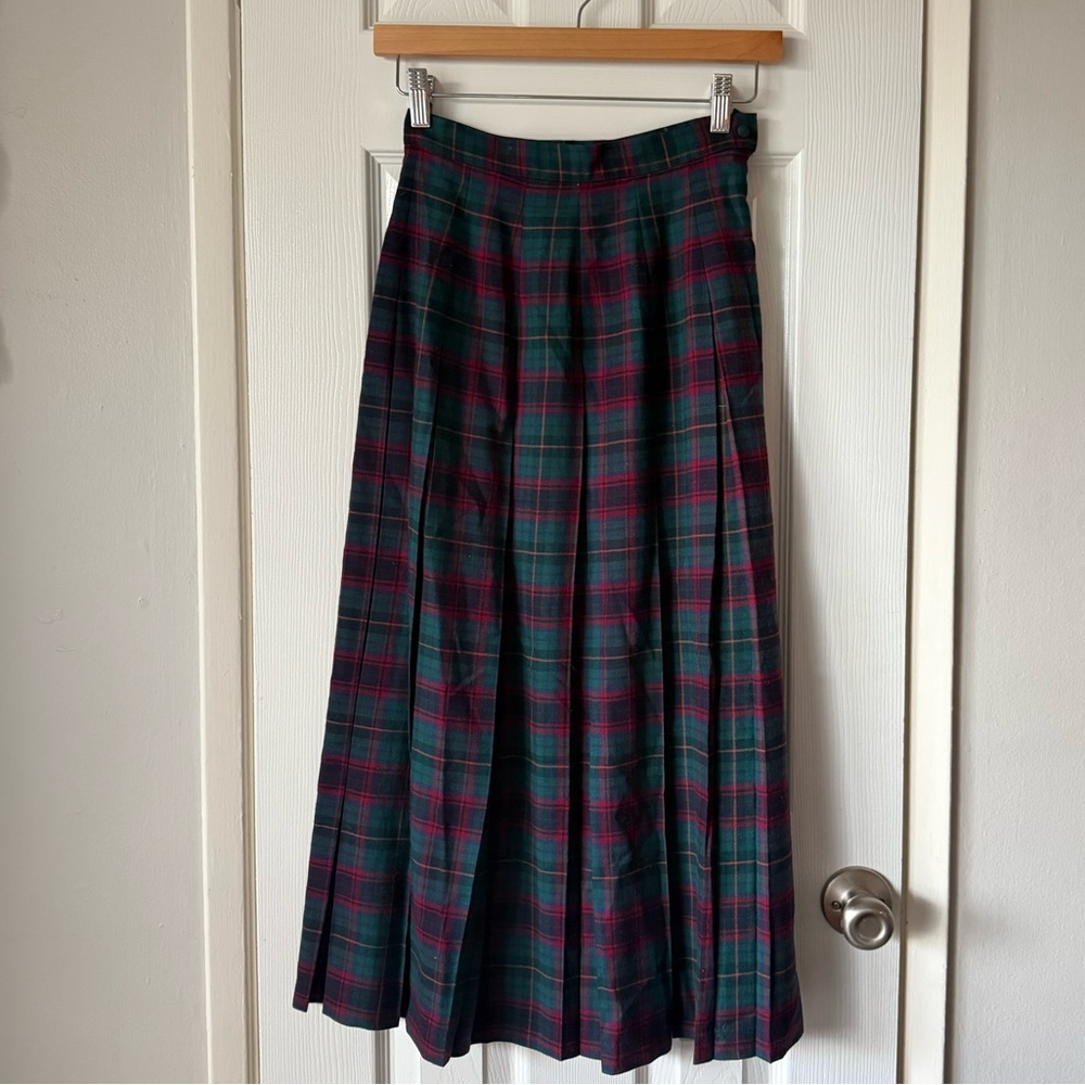 Laura Ashley Green Tartan Plaid Pleated Skirt Vintage Great Britain size 8